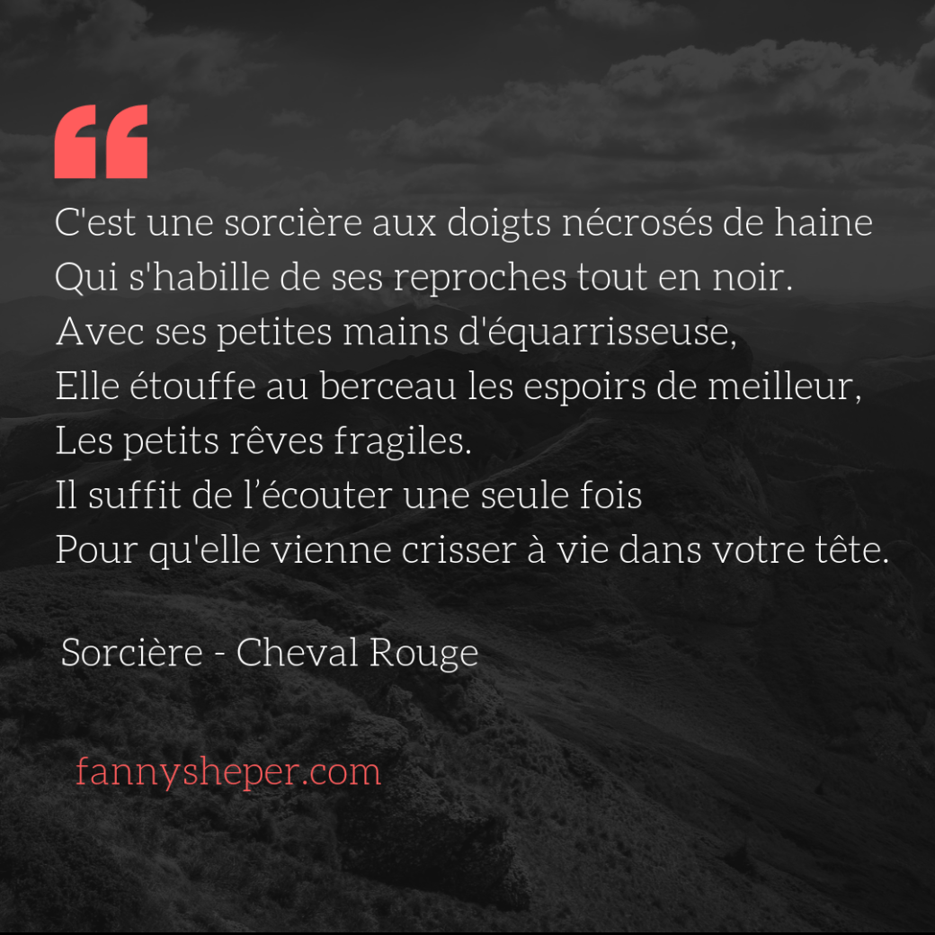 C'est une sorcière aux doigts nécrosés de haineQui s'habille de ses reproches tout en noir.Avec ses petites mains d'équarrisseuse,Elle étouffe au berceau les espoirs de meilleur,Les